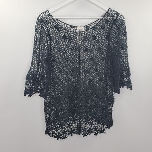 Free People Boho Sheer Floral Crochet Top Black Long Sleeves